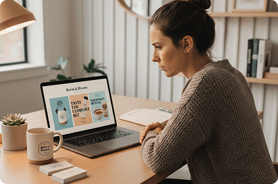 Designer Reviewing Brand Designs on Laptop