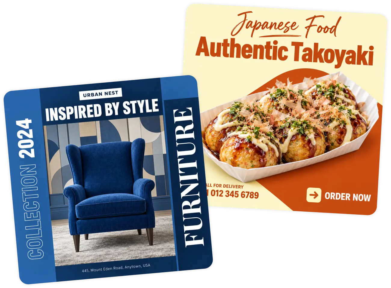 Urban Nest furniture collection and Authentic Takoyaki ad examples