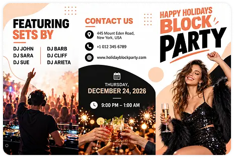 Happy holidays block party DJ music event trifold brochure