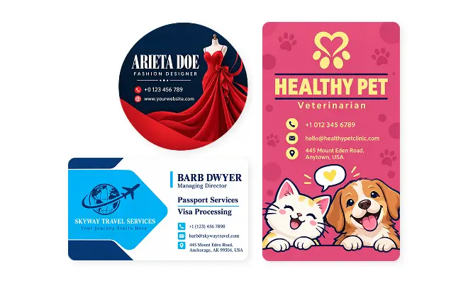 Fashion, pet, and travel business card examples