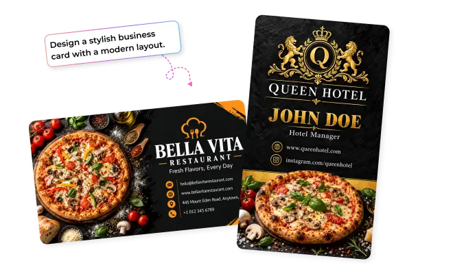 Bella Vita restaurant and Queen Hotel business cards