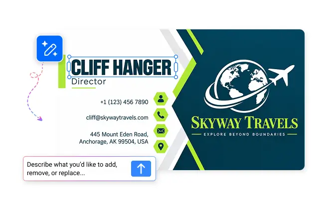 Cliff Hanger director and Skyway Travels business cards with a prompt