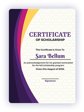 Purple and gold scholarship certificate