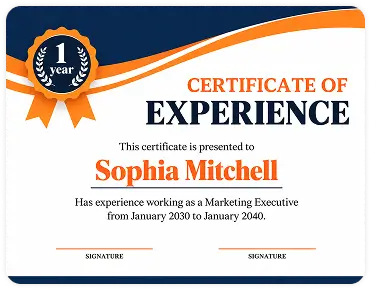 Certificate of Experience in for Sophia Mitchell