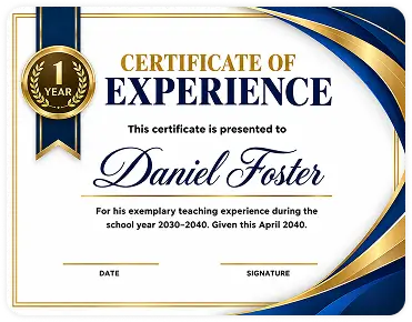 Certificate of Experience in for Daniel Foster