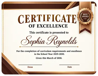 Certificate of Excellence in for Sophia Reynolds