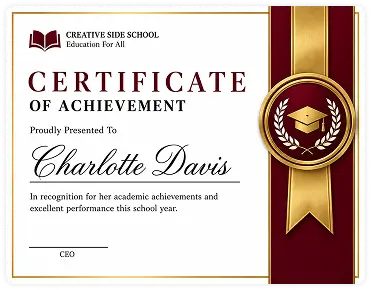 Certificate of Achievement in for Charlotte Davis