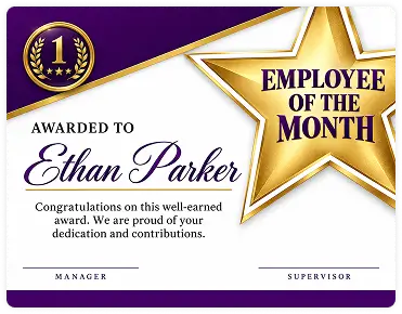 Employee of the Month certificate for Ethan Parker
