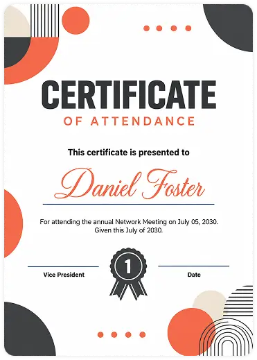Certificate of Attendance in for Daniel Foster