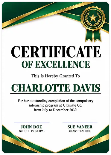Certificate of Excellence in for Charlotte Davis