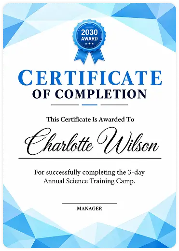 Certificate of Completion in for Charlotte Wilson