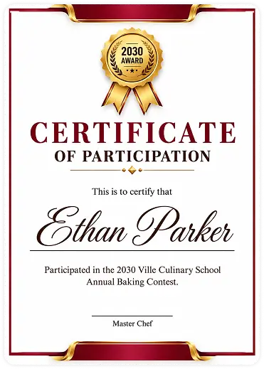 Certificate of Participation in for Ethan Parker