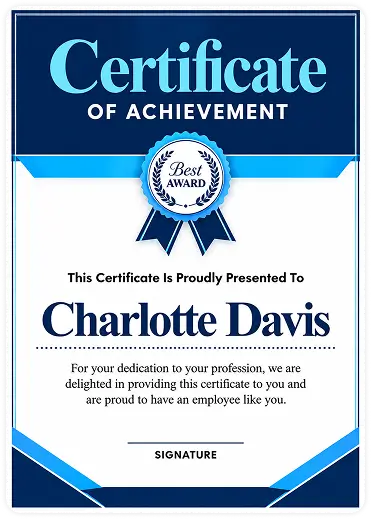 Certificate of Achievement in for Charlotte Davis