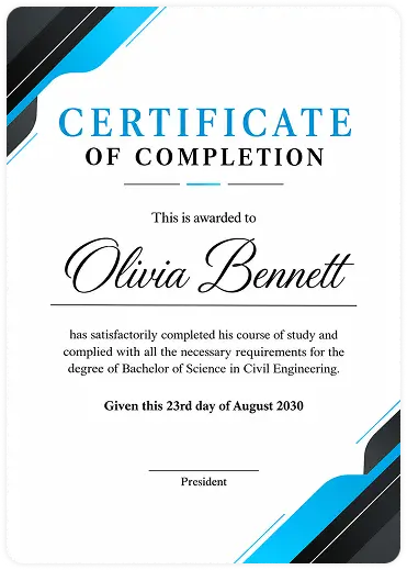 Certificate of Completion in for Olivia Bennett