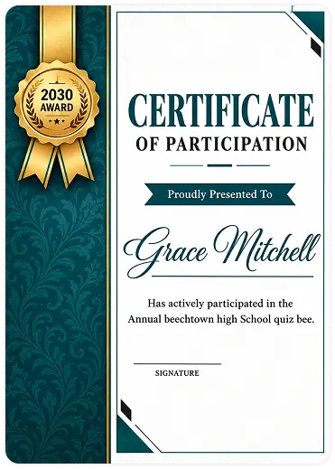 Certificate of Participation in for Grace Mitchell