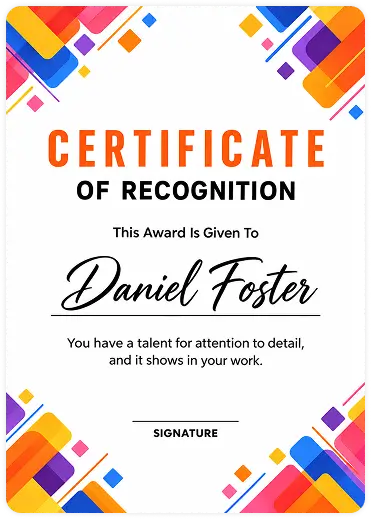 Certificate of Recognition in for Daniel Foster