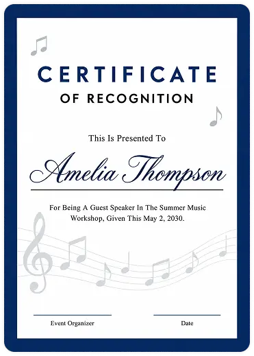 Certificate of Recognition in for Amelia Thompson
