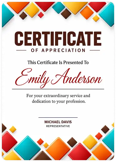 Certificate of Appreciation in for Emily Anderson