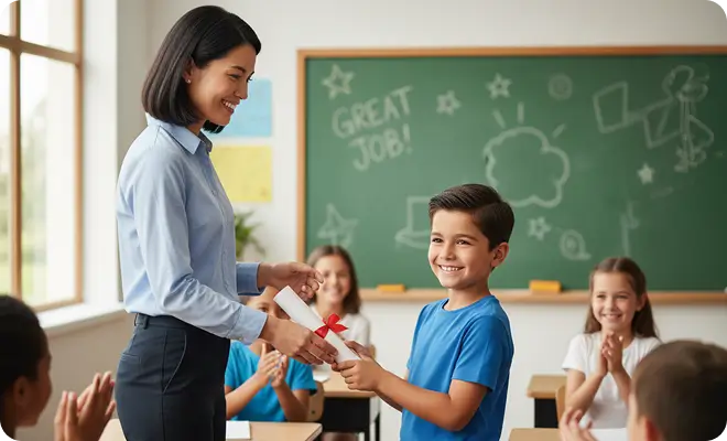 Teacher rewarding a student for great work