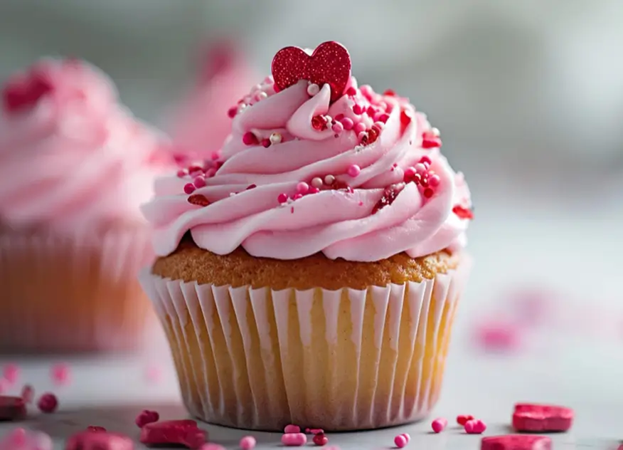Pink frosted cupcake with heart sprinkles