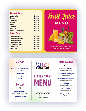 Fruit juice and kids menus