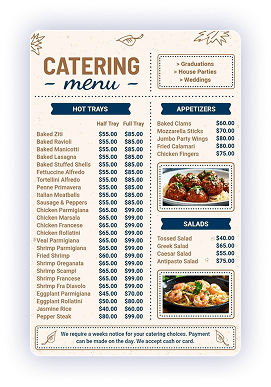 Professional catering food menu design