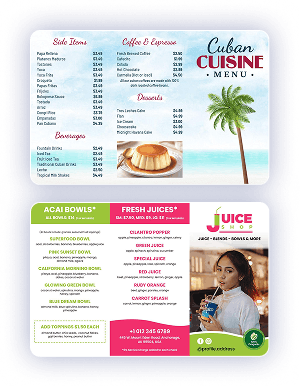 Cuban cuisine and juice menus