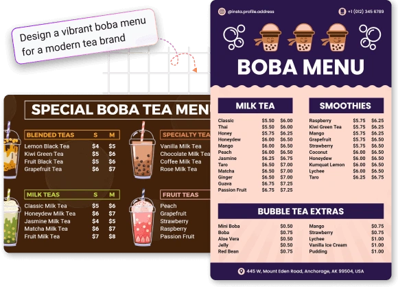 Custom boba tea menu designs