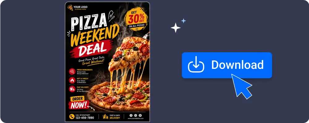Showcasing final pizza time flyer with download button