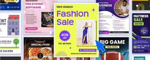 Designwiz flyer template library showing fashion sale, business, food, sports, and retail layouts
