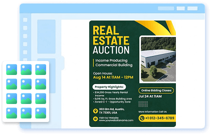 Designwiz real estate flyer creator with property auction template showing home image and contact info