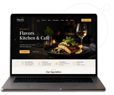 Restaurant Laptop Website Design for Flavors Kitchen and Cafe